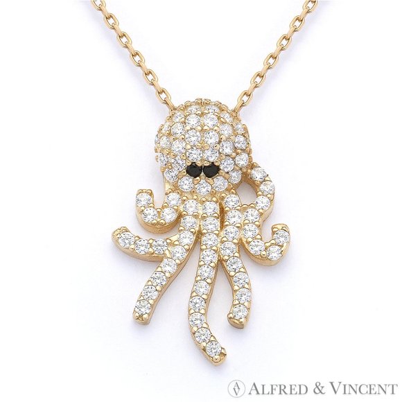 Octopus Charm CZ Crystal Pendant in .925 Sterling Silver w/ 18k Yellow Gold - Picture 2 of 2